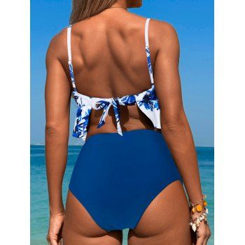 Two Piece Beach Tankini Swimsuit Coconut Tree Pattern Cut Out Spaghetti Strap Ruffle Bowknot Top and Solid Color Tummy Control Briefs Vacation Swimwear