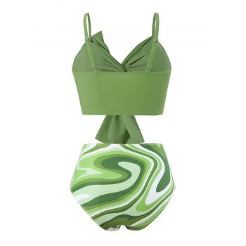 Two Piece Beach Tankini Swimsuit Twisted Bowknot Spaghetti Strap Padded Top and Colored Printed Ruched Tummy Control Briefs Vacation Swimwear
