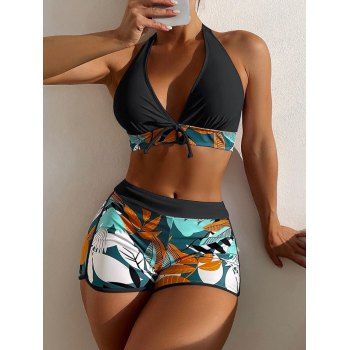 Beach Two Piece Tankini Swimwear Bowknot Plunging Halter Neck Swim Top and Tropical Plant Leaf Pattern Boyshorts Hawaii Swimsuit