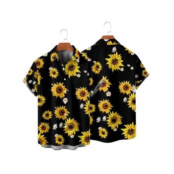 Vacation Couple Outfit Sunflower Daisy Floral Pattern Halter Bowknot Swim Top Tummy Control Briefs Tankini Set and Roll Up Sleeve Shirt Beach Outfit