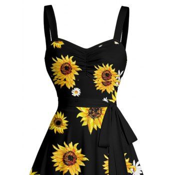 Sunflower Daisy Floral Pattern Ruched Bust Belt Vacation Dress Sweetheart Neck A Line Mini Dress