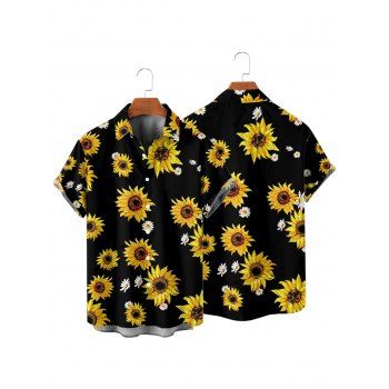Vacation Couple Outfit Sunflower Daisy Floral Pattern Belt Ruched But A Line Mini Dress and Roll Up Sleeve Shirt Casual Two Piece Set