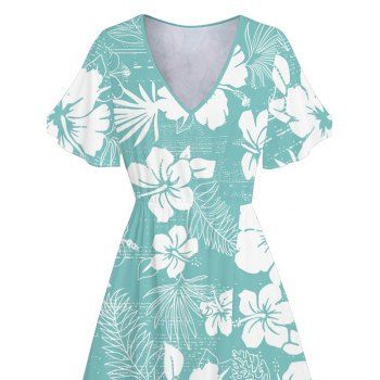Hawaii Hibiscus Print V Neck Split Hem Flutter Sleeve Midi Vacation Dress