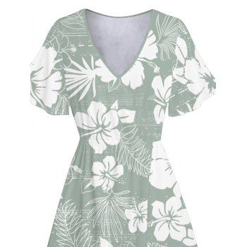 Hawaii Floral Print V Neck Split Hem Flutter Sleeve Midi Vacation Dress