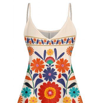 Bohemian Floral Leaf Pattern Vacation Dress Spaghetti Strap V Neck A Line Mini Tank Dress