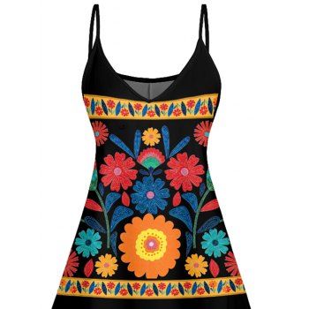 Bohemian Floral Leaf Pattern Vacation Dress Spaghetti Strap V Neck A Line Mini Tank Dress