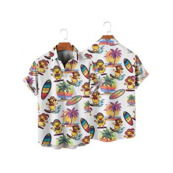 Duck Tree Print V Neck High Waist Spaghetti Strap Dress and Roll Up Sleeve Vocation Shirt Outfit