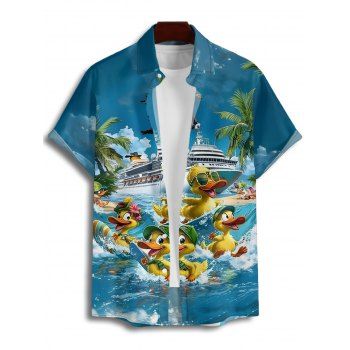Funny Duck Surfing Print V Neck High Waist Spaghetti Strap Dress and Roll Up Sleeve Shirt Outfit