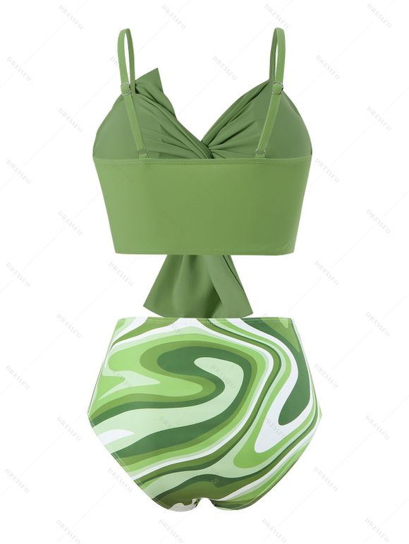 Maillot de Bain Tankini de Plage Matelassé Coloré Imprimé à Bretelle Fine avec Nœud Papillon Deux Pièces - Vert clair XL | US 10