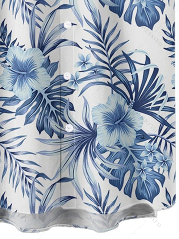 Ensemble de Short de Plage Motif de Fleur Tropicale en Couleur Unie à Manches Roulées à Cordon Deux Pièces - Bleu S | US 4