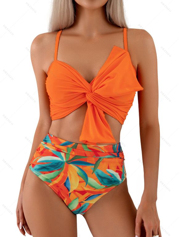 Hawaii Couple Outfit Solid Color Bowknot Swim Top Abstract Art Printed Ruched Tummy Control  Briefs Tankini Set and Roll Up Sleeve Shirt Vacation Outfit - Orange S | US 4