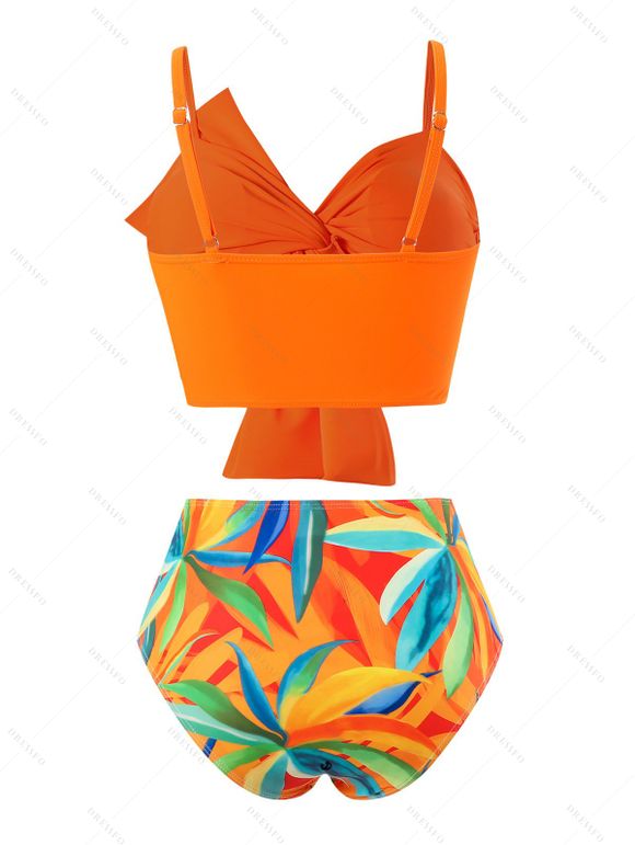 Hawaii Couple Outfit Solid Color Bowknot Swim Top Abstract Art Printed Ruched Tummy Control  Briefs Tankini Set and Roll Up Sleeve Shirt Vacation Outfit - Orange S | US 4