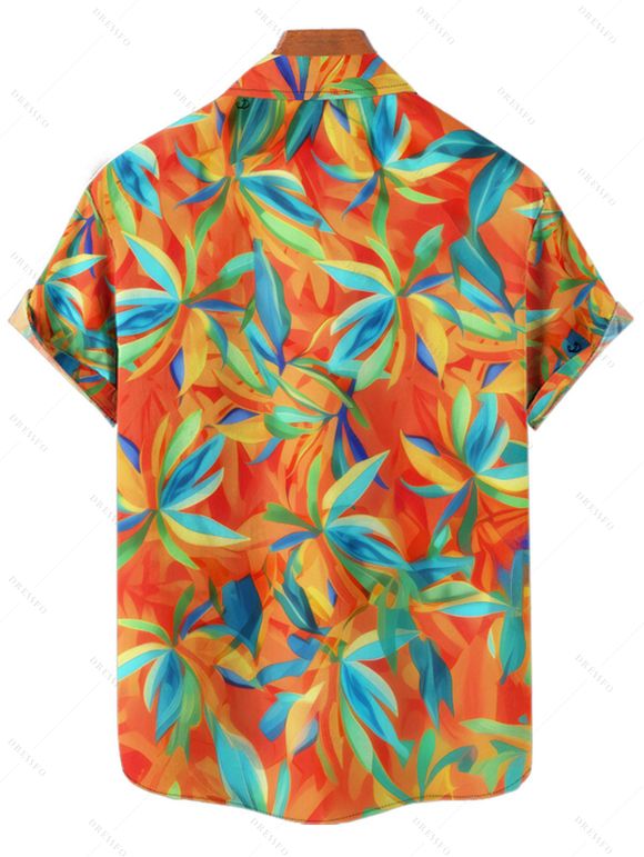Chemise de Vacances Hawaii Boutonnée Motif de Feuille Colorée Manches Roulées - Orange 5XL