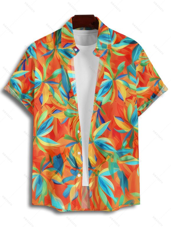 Chemise de Vacances Hawaii Boutonnée Motif de Feuille Colorée Manches Roulées - Orange 5XL
