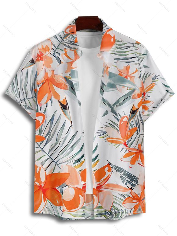 Vacation Men Outfit Tropical Leaf Floral Print Roll Up Sleeve Button Up Shirt and Solid Color Drawstring Shorts Beach Two Piece Set - ORANGE S | US 4