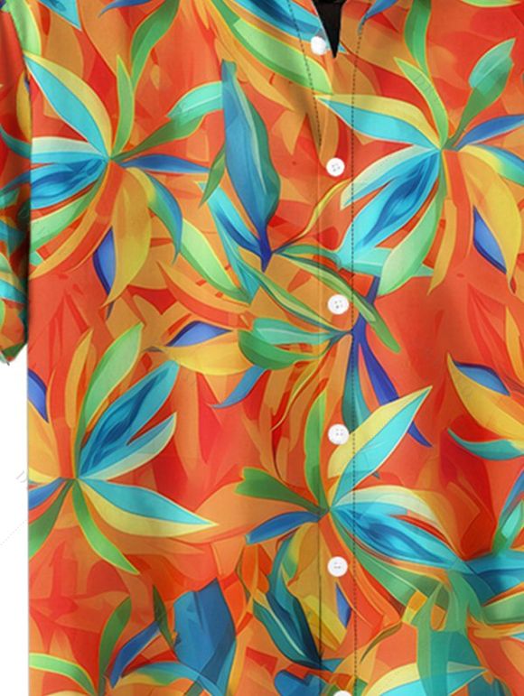 Chemise de Vacances Hawaii Boutonnée Motif de Feuille Colorée Manches Roulées - Orange 5XL