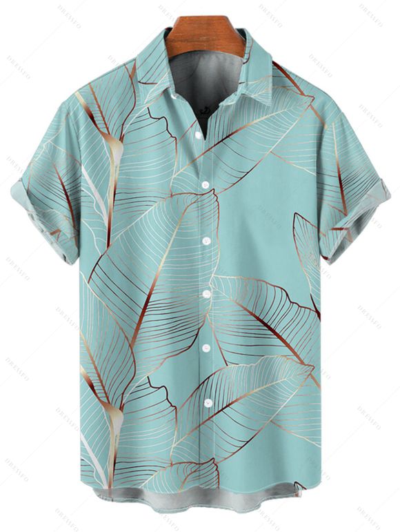 Ensemble Short de Plage à Manches Roulées avec Boutons et Cordon de Serrage Motif Feuilles Tropicales pour Vacances - Vert clair S | US 4