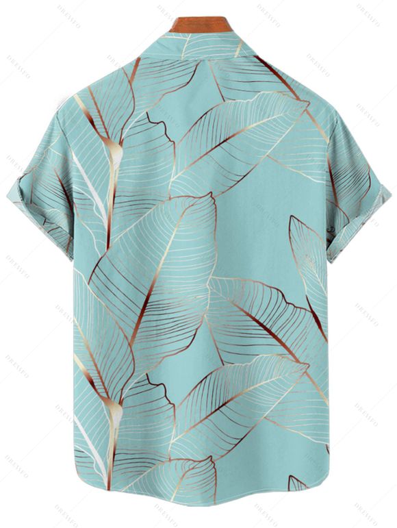 Ensemble Short de Plage à Manches Roulées avec Boutons et Cordon de Serrage Motif Feuilles Tropicales pour Vacances - Vert clair S | US 4