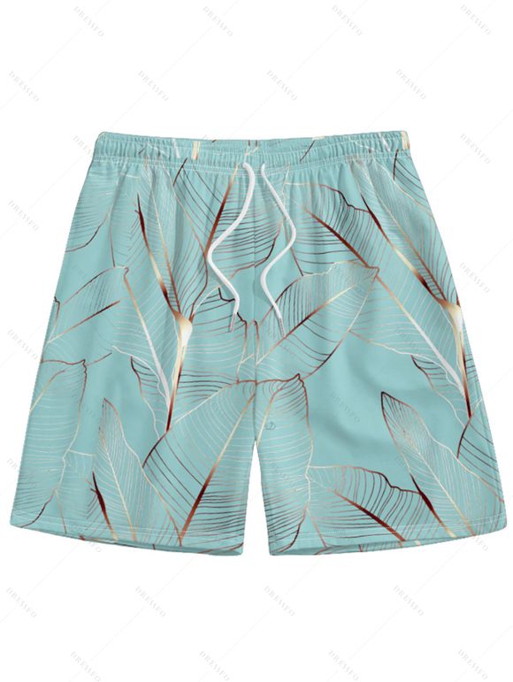 Ensemble Short de Plage à Manches Roulées avec Boutons et Cordon de Serrage Motif Feuilles Tropicales pour Vacances - Vert clair S | US 4