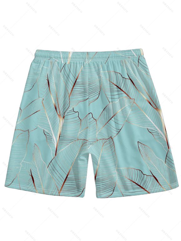 Ensemble Short de Plage à Manches Roulées avec Boutons et Cordon de Serrage Motif Feuilles Tropicales pour Vacances - Vert clair S | US 4