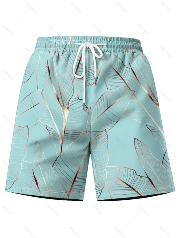 Ensemble Short de Plage à Manches Roulées avec Boutons et Cordon de Serrage Motif Feuilles Tropicales pour Vacances - Vert clair S | US 4