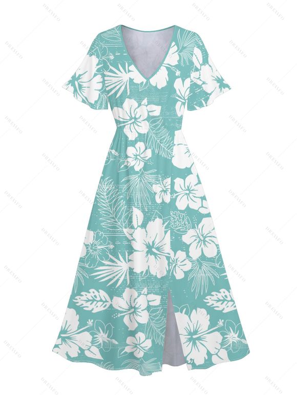 Tropical Print V Neck Split Hem Flutter Sleeve Vacation Dress And Short Sleeve Shirt Matching Outfit - Vert S | US 4