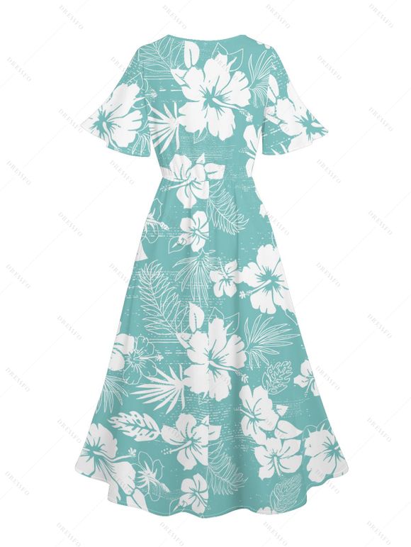 Tropical Print V Neck Split Hem Flutter Sleeve Vacation Dress And Short Sleeve Shirt Matching Outfit - Vert S | US 4