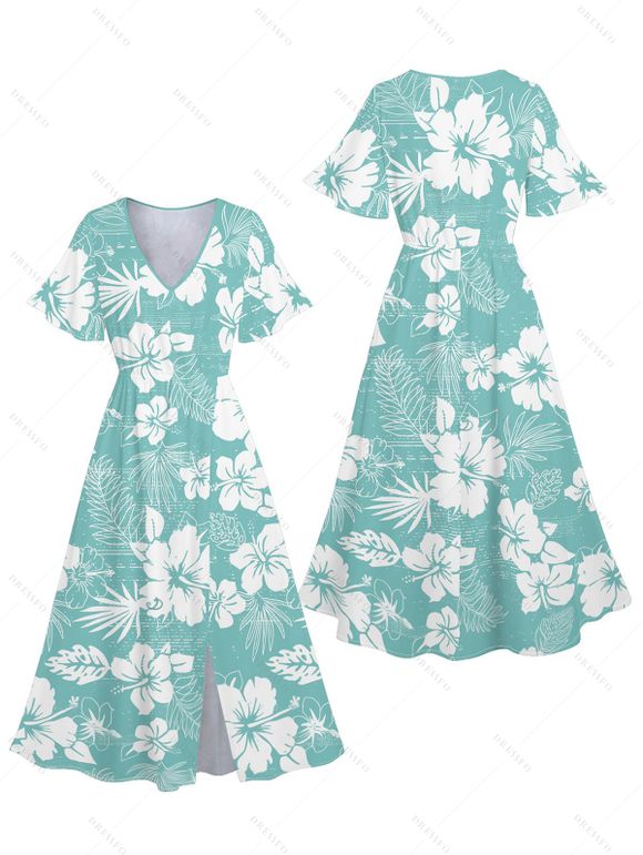 Tropical Print V Neck Split Hem Flutter Sleeve Vacation Dress And Short Sleeve Shirt Matching Outfit - Vert S | US 4