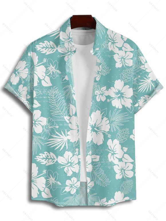 Tropical Print V Neck Split Hem Flutter Sleeve Vacation Dress And Short Sleeve Shirt Matching Outfit - Vert S | US 4