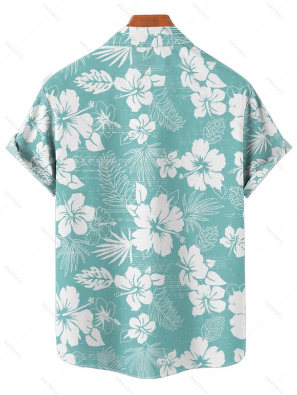 Tropical Print V Neck Split Hem Flutter Sleeve Vacation Dress And Short Sleeve Shirt Matching Outfit - Vert S | US 4