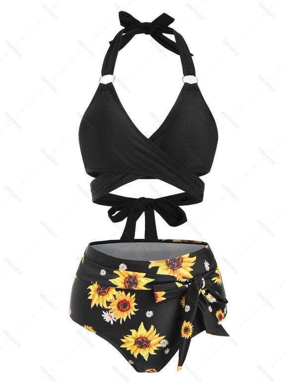 Vacation Couple Outfit Sunflower Daisy Floral Pattern Halter Bowknot Swim Top Tummy Control Briefs Tankini Set and Roll Up Sleeve Shirt Beach Outfit - Noir S | US 4