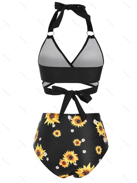 Vacation Couple Outfit Sunflower Daisy Floral Pattern Halter Bowknot Swim Top Tummy Control Briefs Tankini Set and Roll Up Sleeve Shirt Beach Outfit - Noir S | US 4