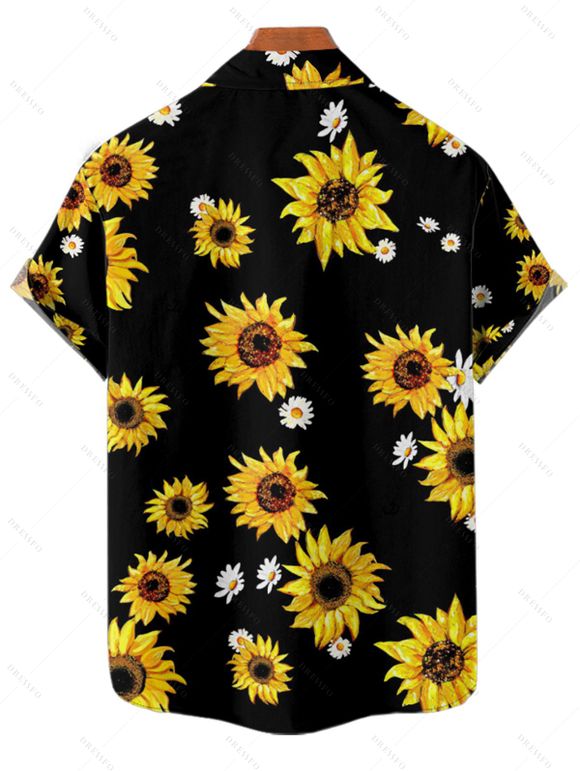 Chemise de Vacances Décontractée Fleurie Marguerite Imprimée Boutonnée à Manches Roulées pour Homme - Deep Yellow 2XL