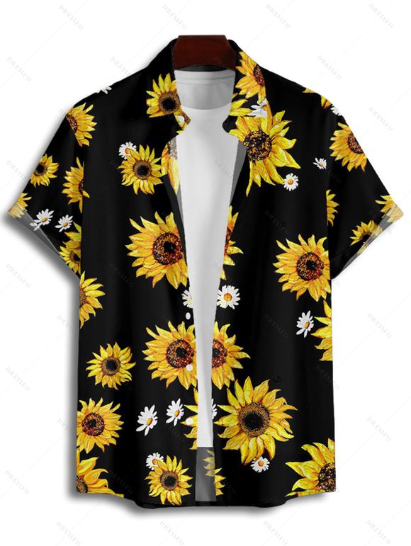 Chemise de Vacances Décontractée Fleurie Marguerite Imprimée Boutonnée à Manches Roulées pour Homme - Deep Yellow 2XL