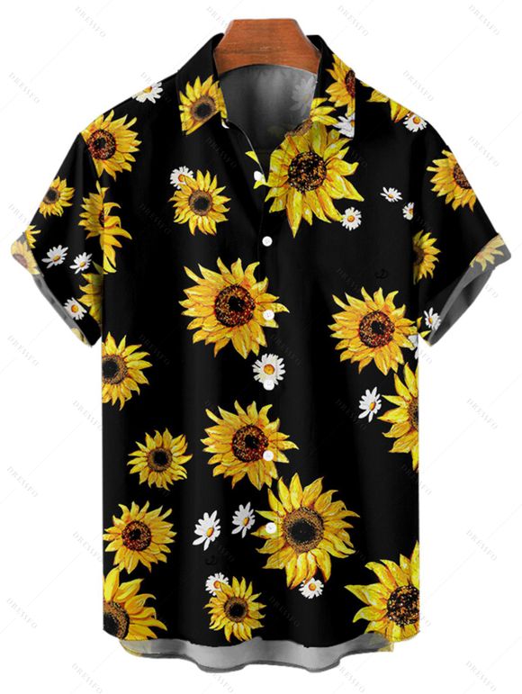 Vacation Couple Outfit Sunflower Daisy Floral Pattern Halter Bowknot Swim Top Tummy Control Briefs Tankini Set and Roll Up Sleeve Shirt Beach Outfit - Noir S | US 4