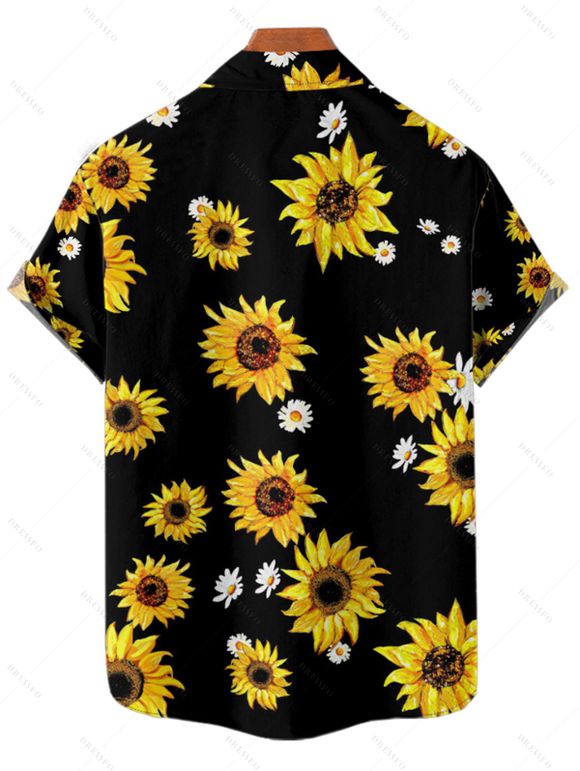 Vacation Couple Outfit Sunflower Daisy Floral Pattern Halter Bowknot Swim Top Tummy Control Briefs Tankini Set and Roll Up Sleeve Shirt Beach Outfit - Noir S | US 4