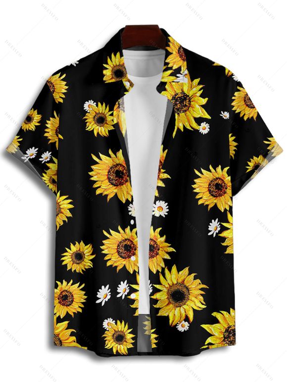 Vacation Couple Outfit Sunflower Daisy Floral Pattern Halter Bowknot Swim Top Tummy Control Briefs Tankini Set and Roll Up Sleeve Shirt Beach Outfit - Noir S | US 4