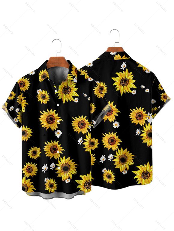 Vacation Couple Outfit Sunflower Daisy Floral Pattern Halter Bowknot Swim Top Tummy Control Briefs Tankini Set and Roll Up Sleeve Shirt Beach Outfit - Noir S | US 4