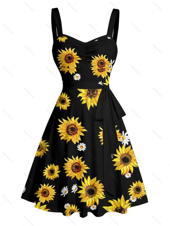 Vacation Couple Outfit Sunflower Daisy Floral Pattern Belt Ruched But A Line Mini Dress and Roll Up Sleeve Shirt Casual Two Piece Set - Noir S | US 4