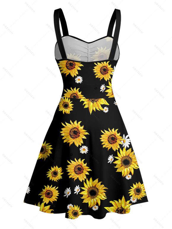 Vacation Couple Outfit Sunflower Daisy Floral Pattern Belt Ruched But A Line Mini Dress and Roll Up Sleeve Shirt Casual Two Piece Set - Noir S | US 4
