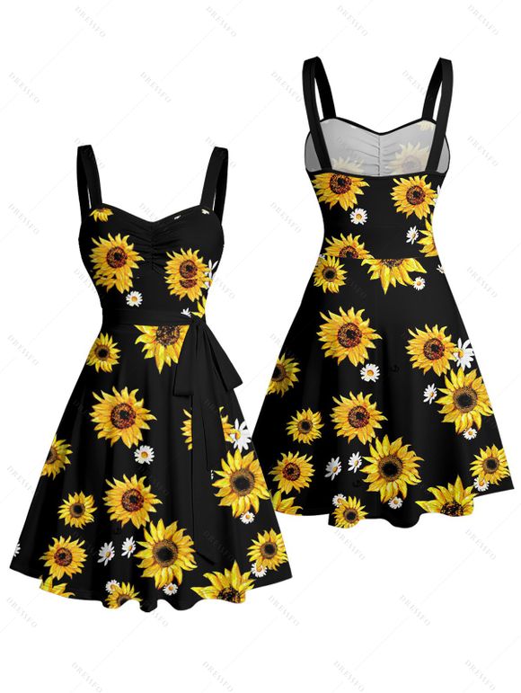 Vacation Couple Outfit Sunflower Daisy Floral Pattern Belt Ruched But A Line Mini Dress and Roll Up Sleeve Shirt Casual Two Piece Set - Noir S | US 4