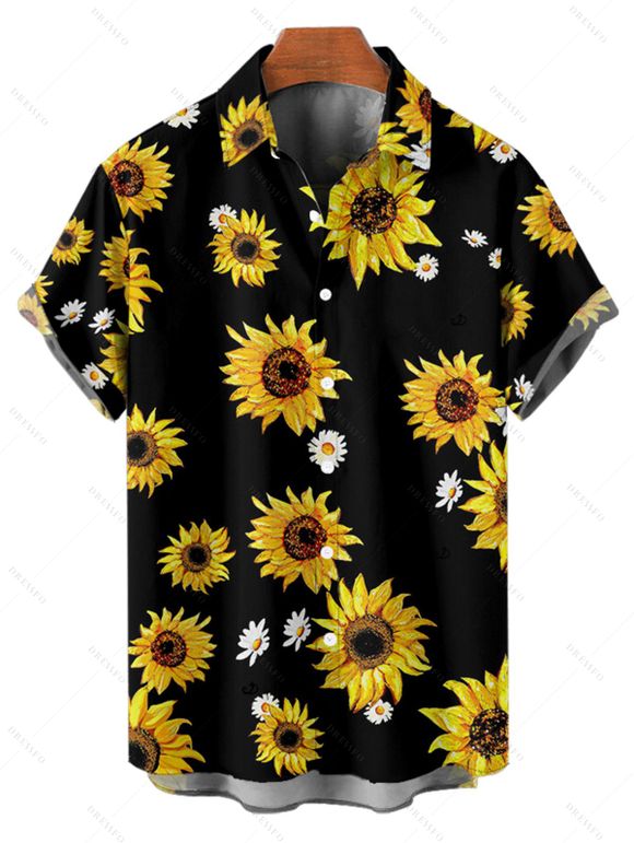 Vacation Couple Outfit Sunflower Daisy Floral Pattern Belt Ruched But A Line Mini Dress and Roll Up Sleeve Shirt Casual Two Piece Set - Noir S | US 4