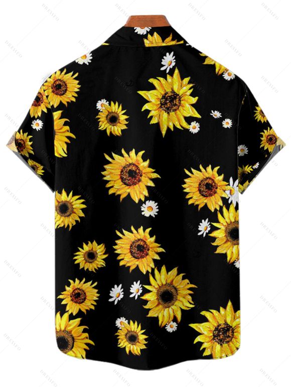 Vacation Couple Outfit Sunflower Daisy Floral Pattern Belt Ruched But A Line Mini Dress and Roll Up Sleeve Shirt Casual Two Piece Set - Noir S | US 4