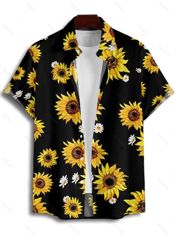 Vacation Couple Outfit Sunflower Daisy Floral Pattern Belt Ruched But A Line Mini Dress and Roll Up Sleeve Shirt Casual Two Piece Set - Noir S | US 4