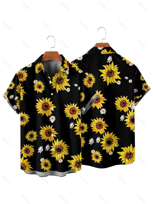 Vacation Couple Outfit Sunflower Daisy Floral Pattern Belt Ruched But A Line Mini Dress and Roll Up Sleeve Shirt Casual Two Piece Set - Noir S | US 4