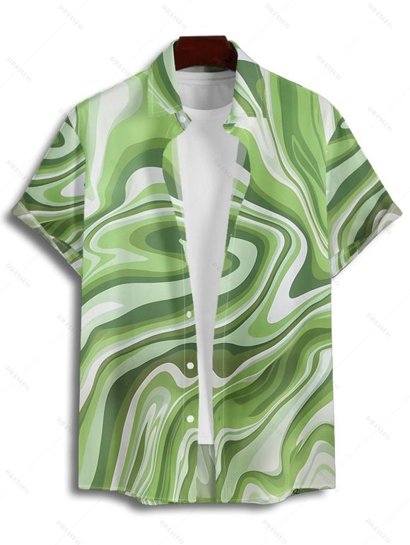 Chemise de Vacances D'Art Abstrait Imprimée Boutonnée à Manches Roulées pour Homme - Vert 5XL