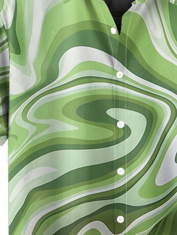 Chemise de Vacances D'Art Abstrait Imprimée Boutonnée à Manches Roulées pour Homme - Vert 5XL