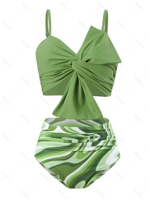 Hawaii Couple Outfit Twisted Bowknot Top Abstract Art Printed Ruched Tummy Control Briefs Tankini Swimsuit and Roll Up Sleeve Shirt Vacation Outfit - Vert clair S | US 4
