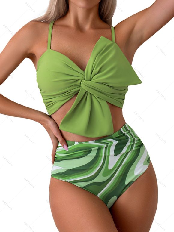 Hawaii Couple Outfit Twisted Bowknot Top Abstract Art Printed Ruched Tummy Control Briefs Tankini Swimsuit and Roll Up Sleeve Shirt Vacation Outfit - Vert clair S | US 4