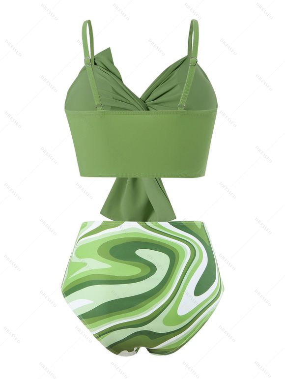 Hawaii Couple Outfit Twisted Bowknot Top Abstract Art Printed Ruched Tummy Control Briefs Tankini Swimsuit and Roll Up Sleeve Shirt Vacation Outfit - Vert clair S | US 4